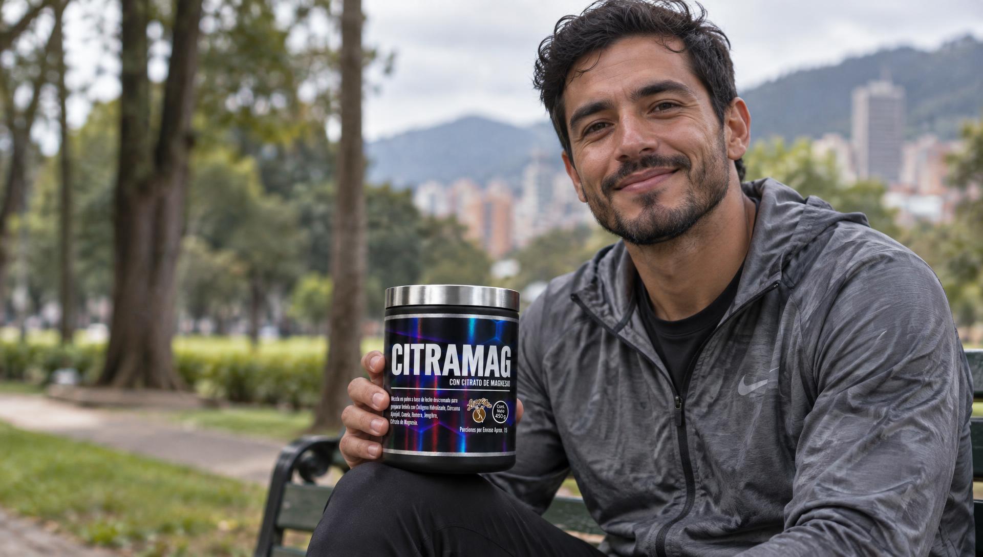 Hombre en un parque de Bogotá con Citramag después de correr